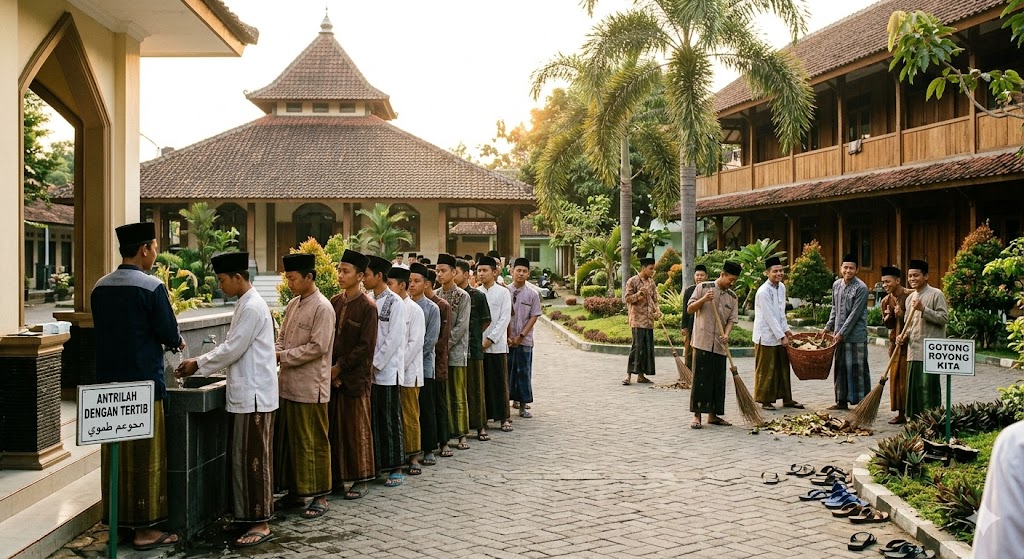 Membangun Karakter Mandiri Melalui Budaya Antre dan Gotong Royong di Pesantren
